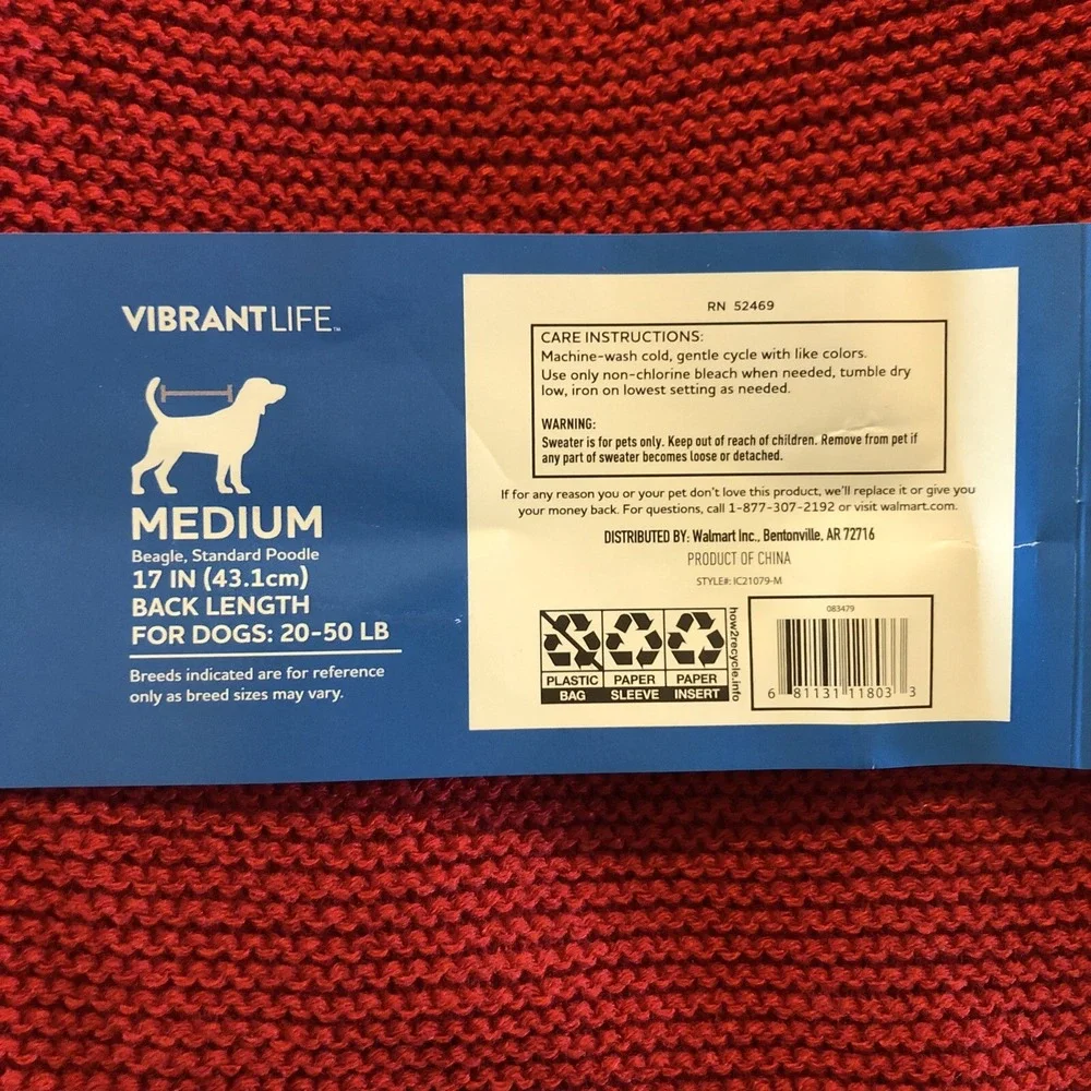 Vibrant‎ Life Dog Pet Holiday Red Hoodie Sweater Medium 20-50 LB NEW